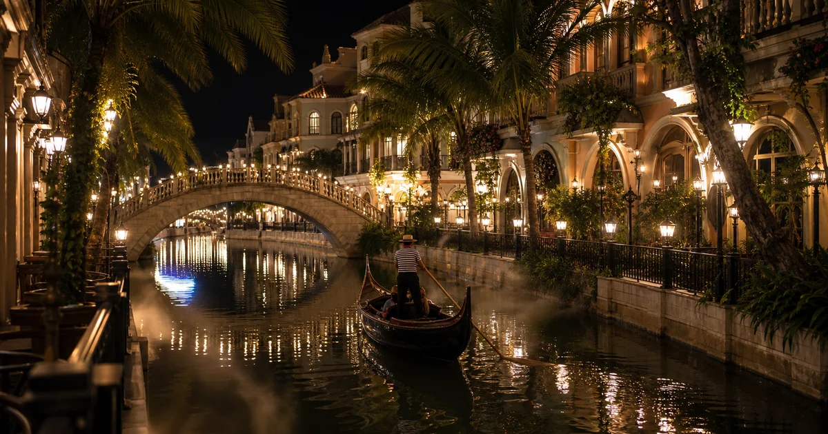 Venice-style canal at Grand World Phu Quoc at night, gondola gliding under an illuminated stone bridge with colourful lanterns reflecting on the water