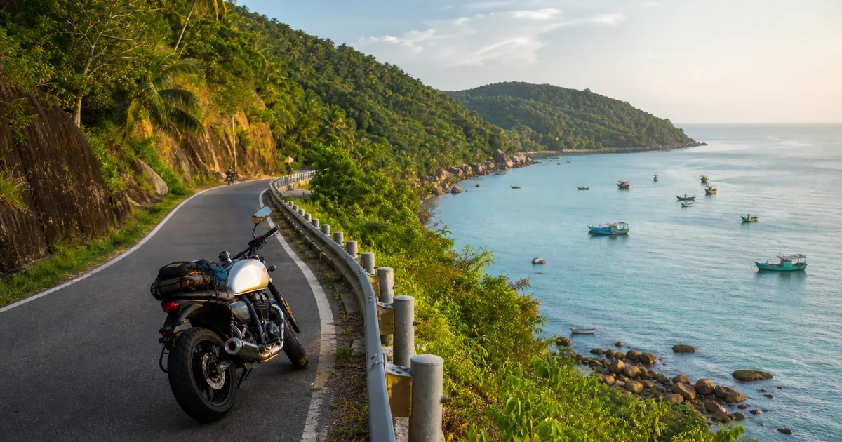 Motorbike parked on a scenic coastal road in southern Phu Quoc with turquoise sea and fishing boats in the background