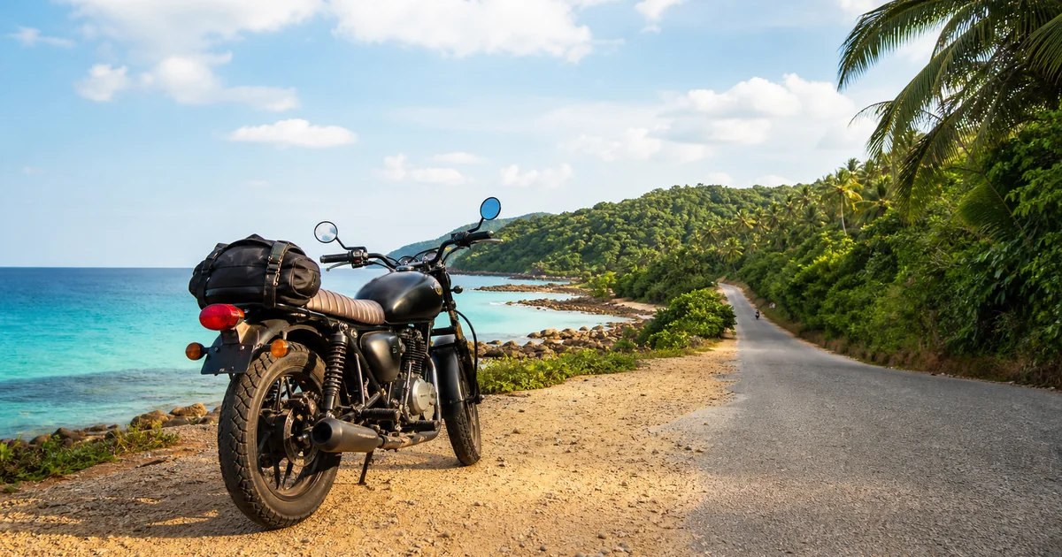 Motorbike rider on a sunny coastal road in Phu Quoc passing palm trees and turquoise sea