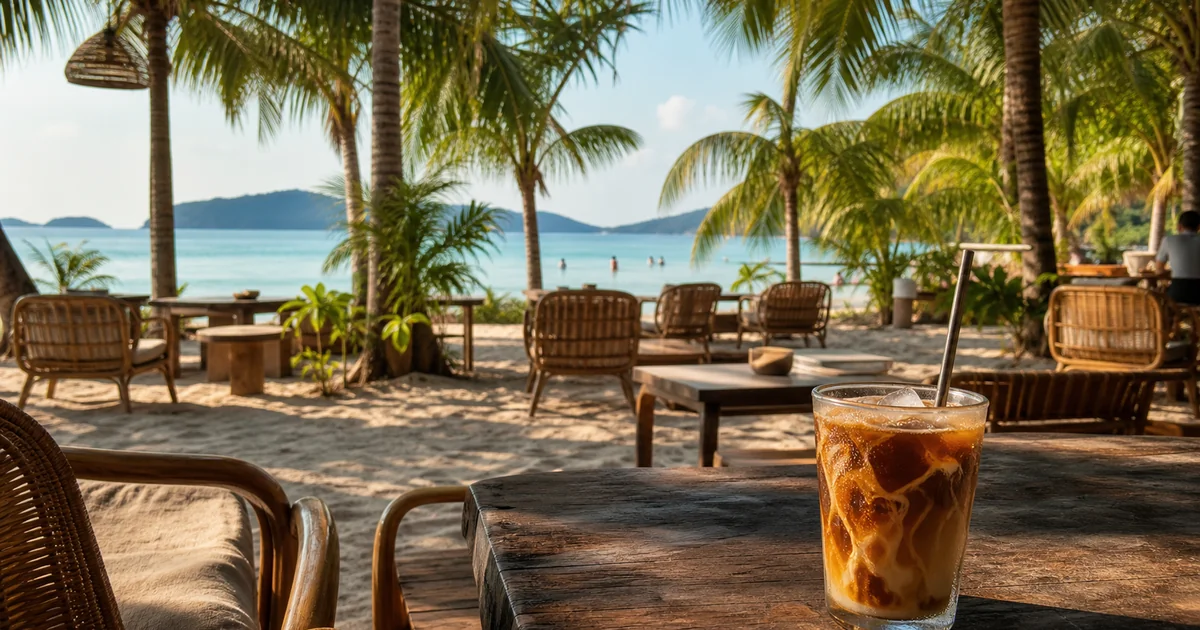 Open-air cafe on Phu Quoc Island with coconut coffee on a rattan table, palm trees and the Gulf of Thailand in the background
