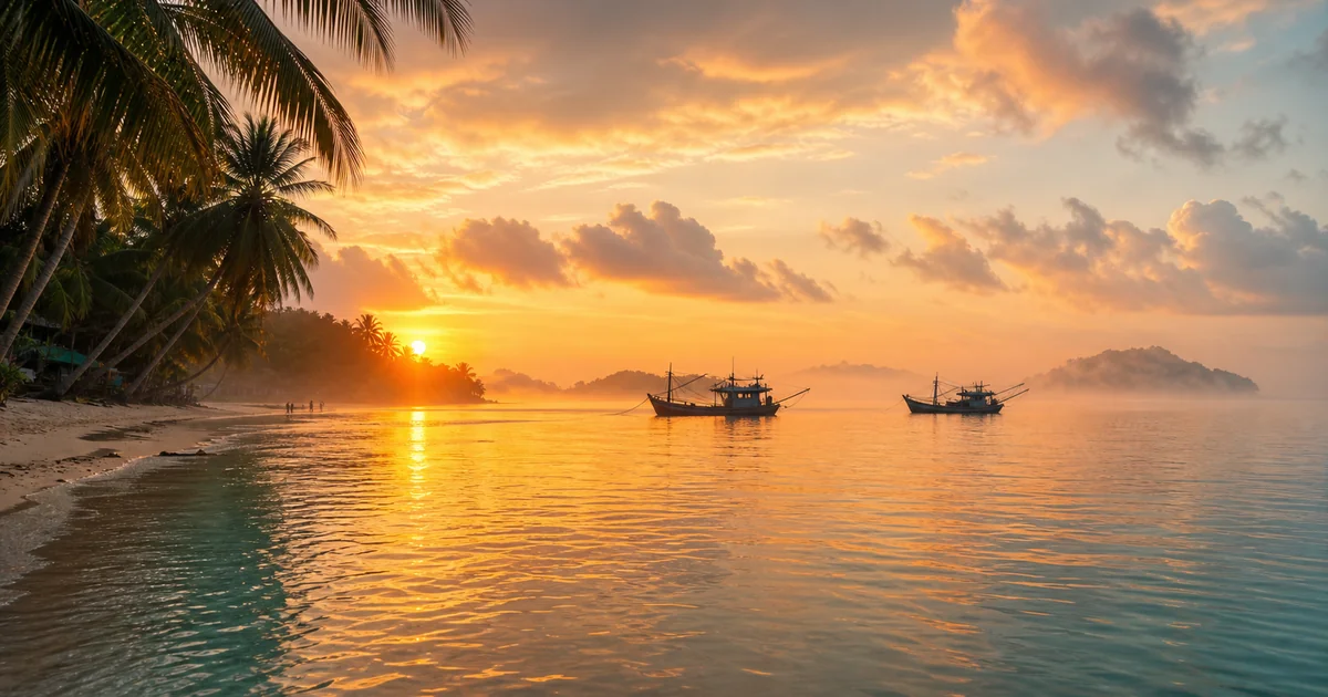 Golden sunrise light over Long Beach (Bãi Trường) in Phu Quoc, Vietnam, with fishing boats on calm turquoise water and a motorbike parked on the sand track nearby